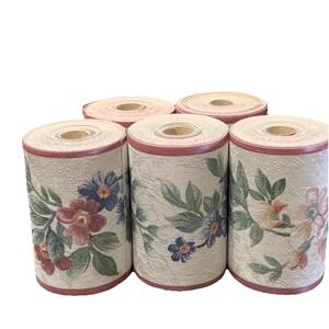 Vintage Floral Wallpaper Border Lot 5 Rolls Cottage Pink Blue Flowers Textured